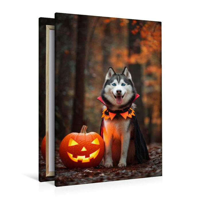 Premium Textil-Leinwand Husky - Halloween im Herbstwald