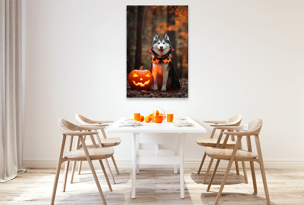 Premium Textil-Leinwand Husky - Halloween im Herbstwald