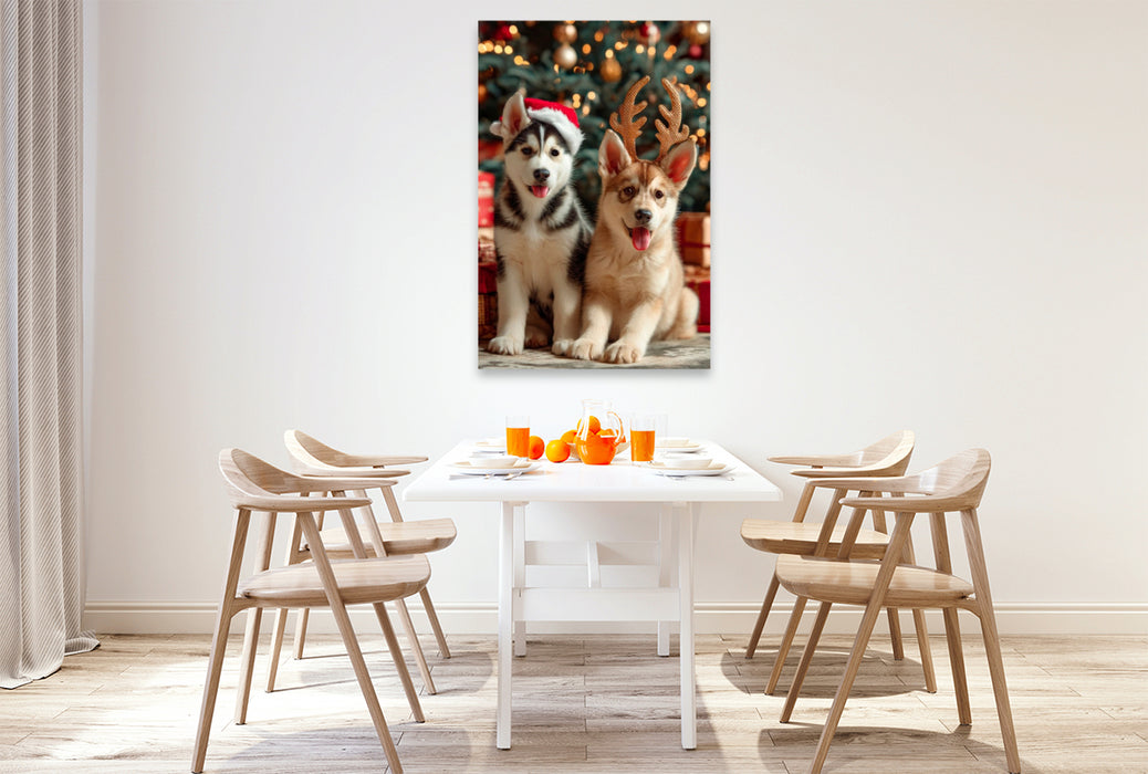 Premium Textil-Leinwand Husky - Zauberhafte Weihnachtszeit