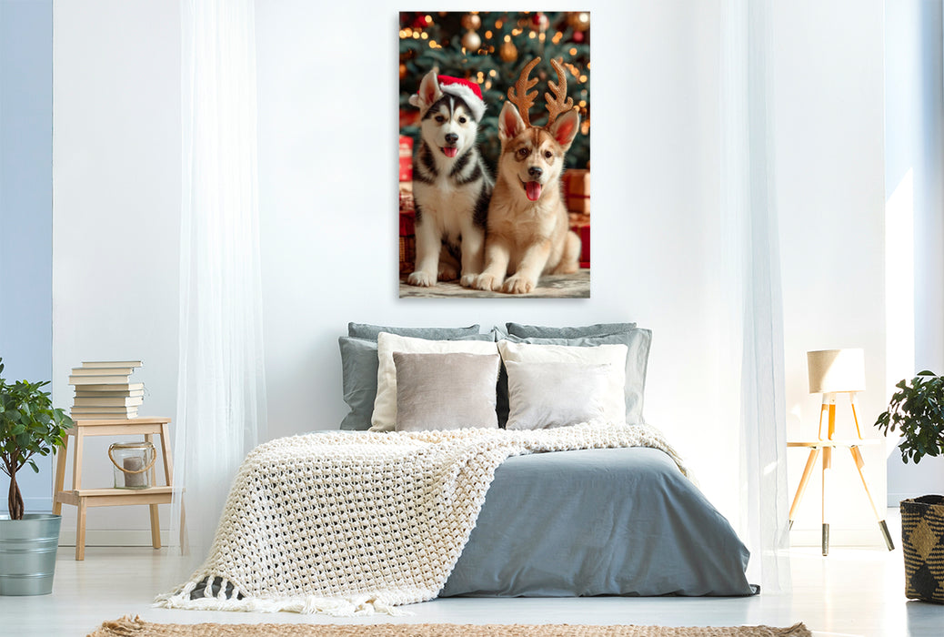 Premium Textil-Leinwand Husky - Zauberhafte Weihnachtszeit