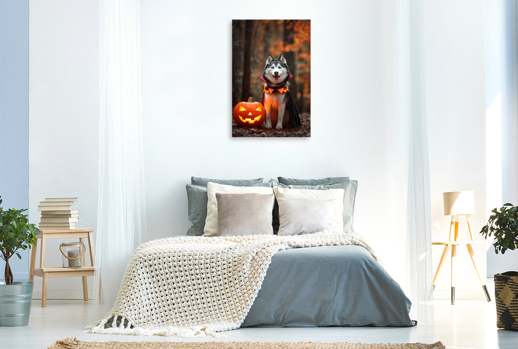 Premium Textil-Leinwand Husky - Halloween im Herbstwald