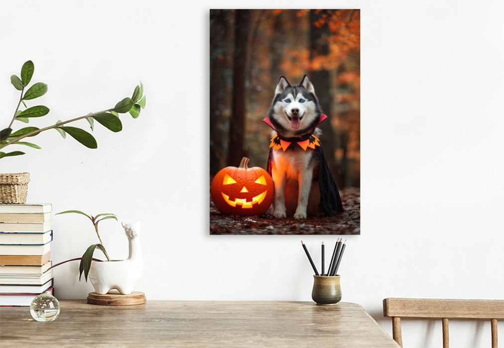 Premium Textil-Leinwand Husky - Halloween im Herbstwald