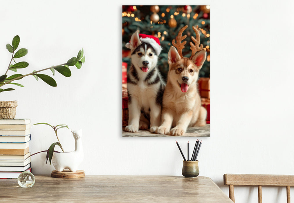 Premium Textil-Leinwand Husky - Zauberhafte Weihnachtszeit