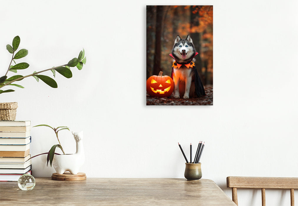 Premium Textil-Leinwand Husky - Halloween im Herbstwald