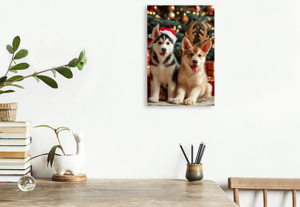 Premium Textil-Leinwand Husky - Zauberhafte Weihnachtszeit