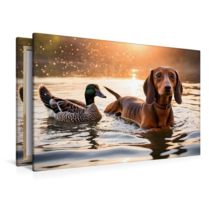 Premium Textil-Leinwand Dackel und Ente schwimmen im Wasser