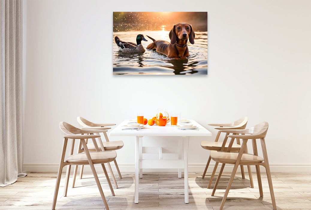 Premium Textil-Leinwand Dackel und Ente schwimmen im Wasser