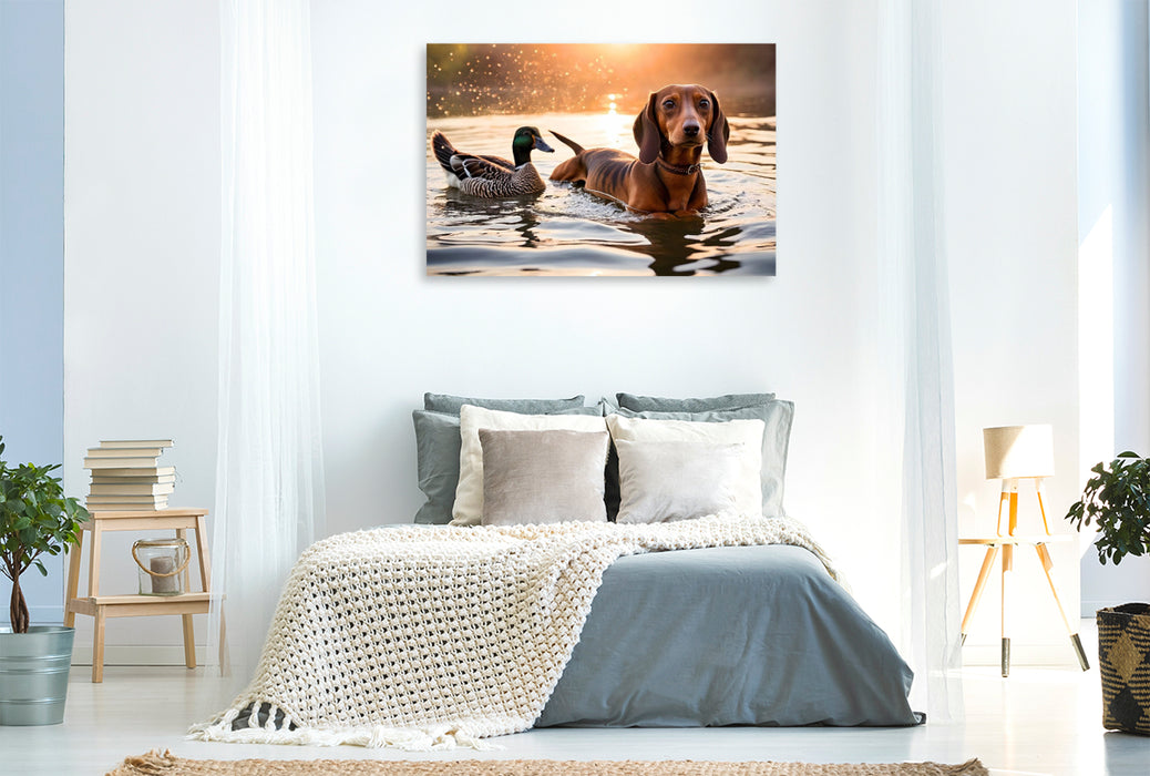 Premium Textil-Leinwand Dackel und Ente schwimmen im Wasser