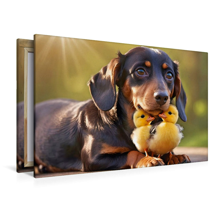 Premium Textil-Leinwand Dackel mit kleine Küken