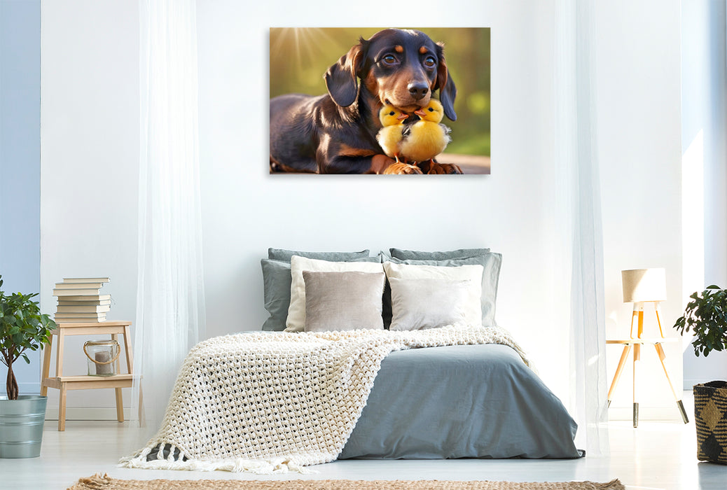 Premium Textil-Leinwand Dackel mit kleine Küken