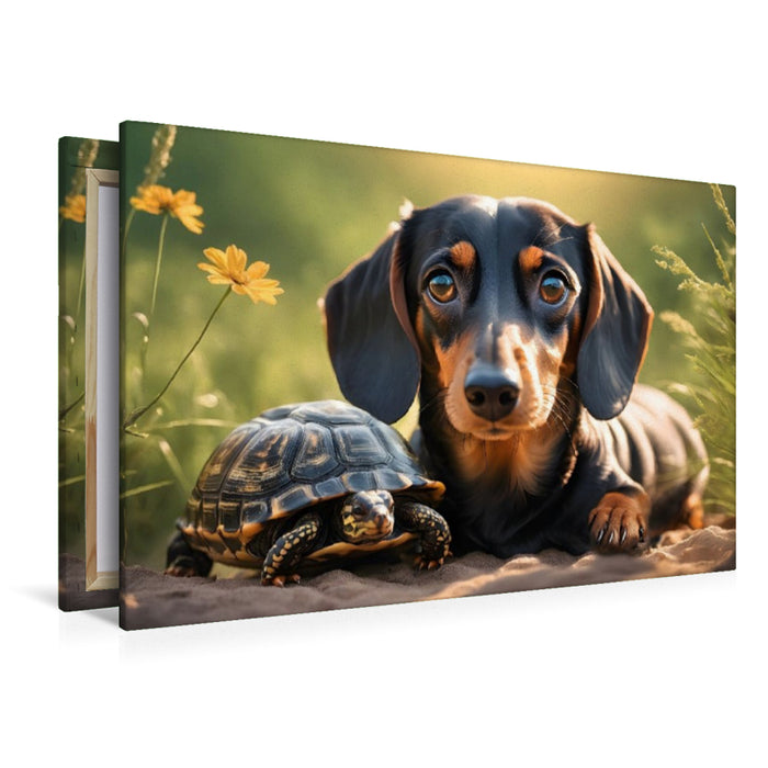 Premium Textil-Leinwand Dackel und Schildkröte genießen den warmen Tag
