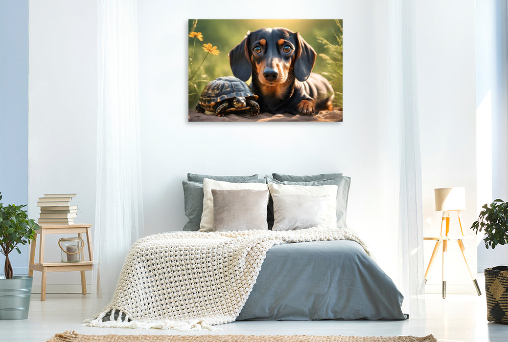 Premium Textil-Leinwand Dackel und Schildkröte genießen den warmen Tag
