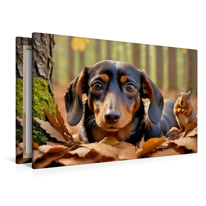 Premium Textil-Leinwand Dackel und Eichhörnchen im Herbstlaub