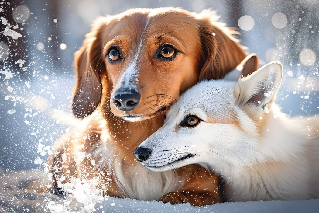 Premium Textil-Leinwand Dackel und Fuchs im winterlichen Schneetraum