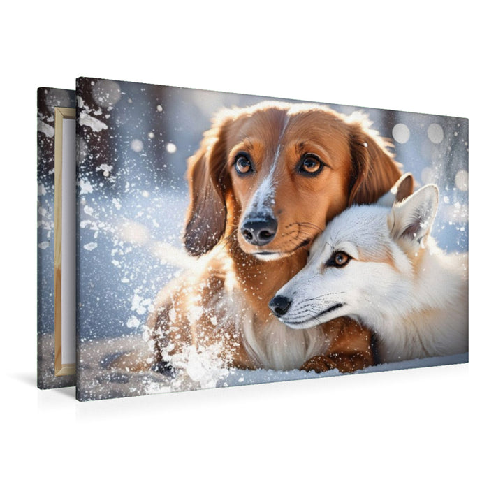 Premium Textil-Leinwand Dackel und Fuchs im winterlichen Schneetraum