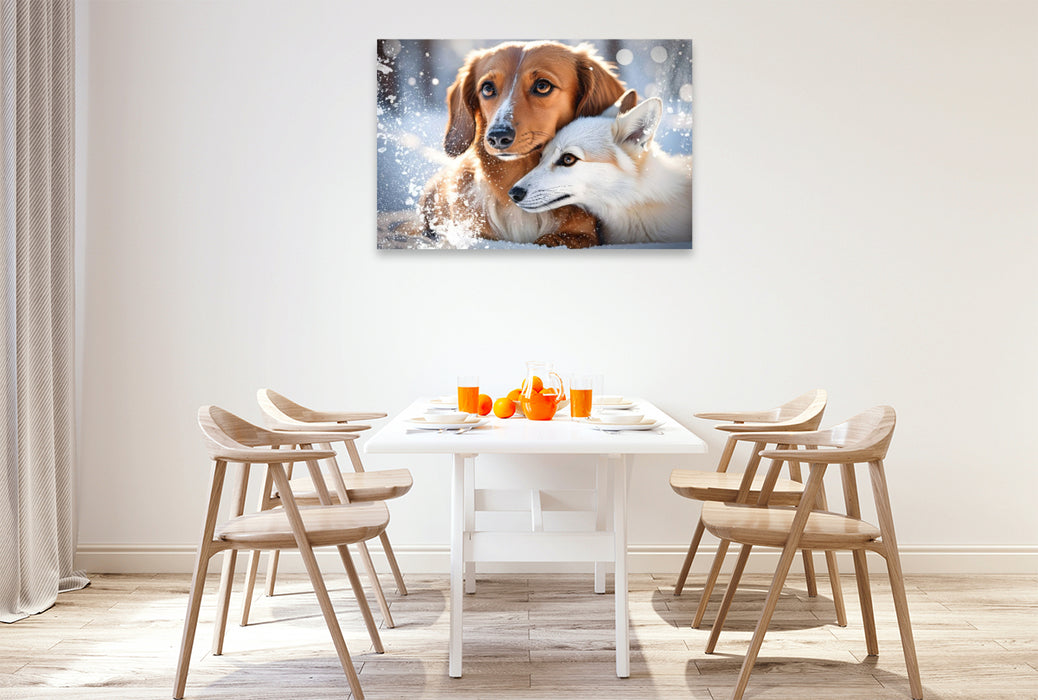 Premium Textil-Leinwand Dackel und Fuchs im winterlichen Schneetraum