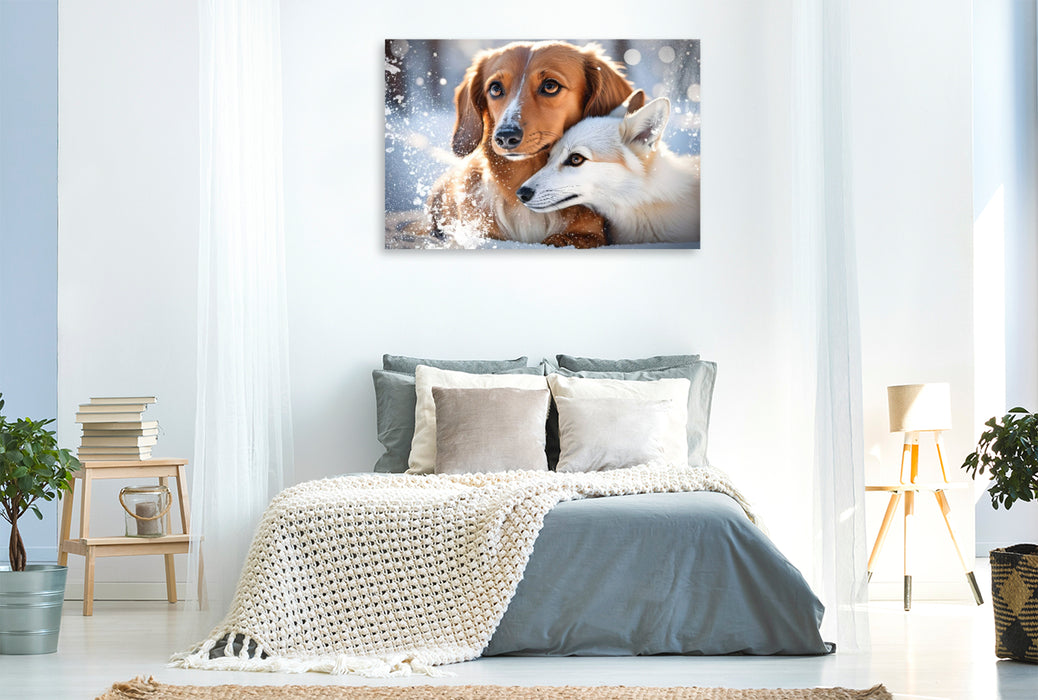 Premium Textil-Leinwand Dackel und Fuchs im winterlichen Schneetraum