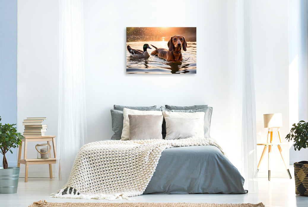 Premium Textil-Leinwand Dackel und Ente schwimmen im Wasser