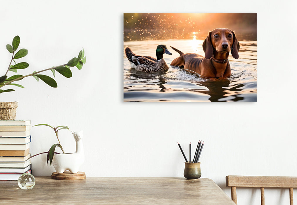 Premium Textil-Leinwand Dackel und Ente schwimmen im Wasser
