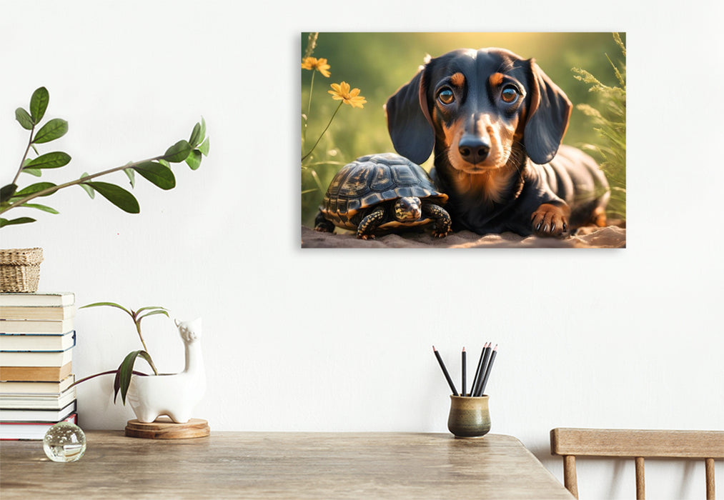 Premium Textil-Leinwand Dackel und Schildkröte genießen den warmen Tag