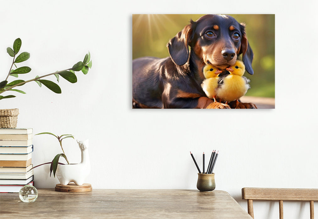 Premium Textil-Leinwand Dackel mit kleine Küken