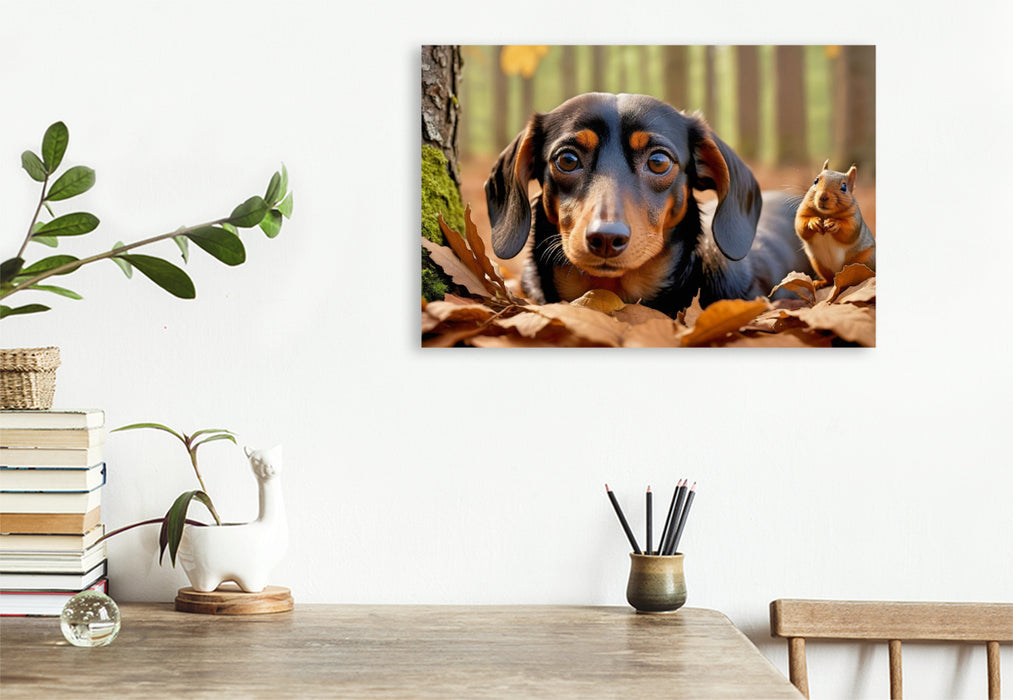 Premium Textil-Leinwand Dackel und Eichhörnchen im Herbstlaub