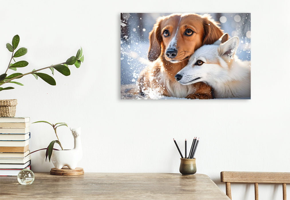 Premium Textil-Leinwand Dackel und Fuchs im winterlichen Schneetraum