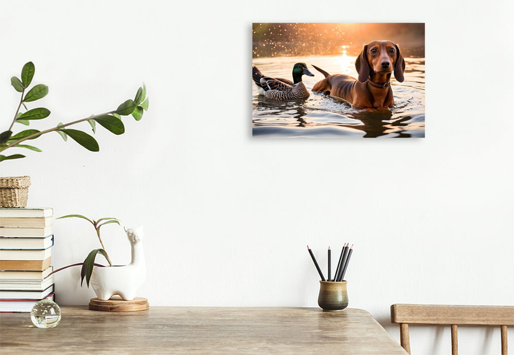 Premium Textil-Leinwand Dackel und Ente schwimmen im Wasser