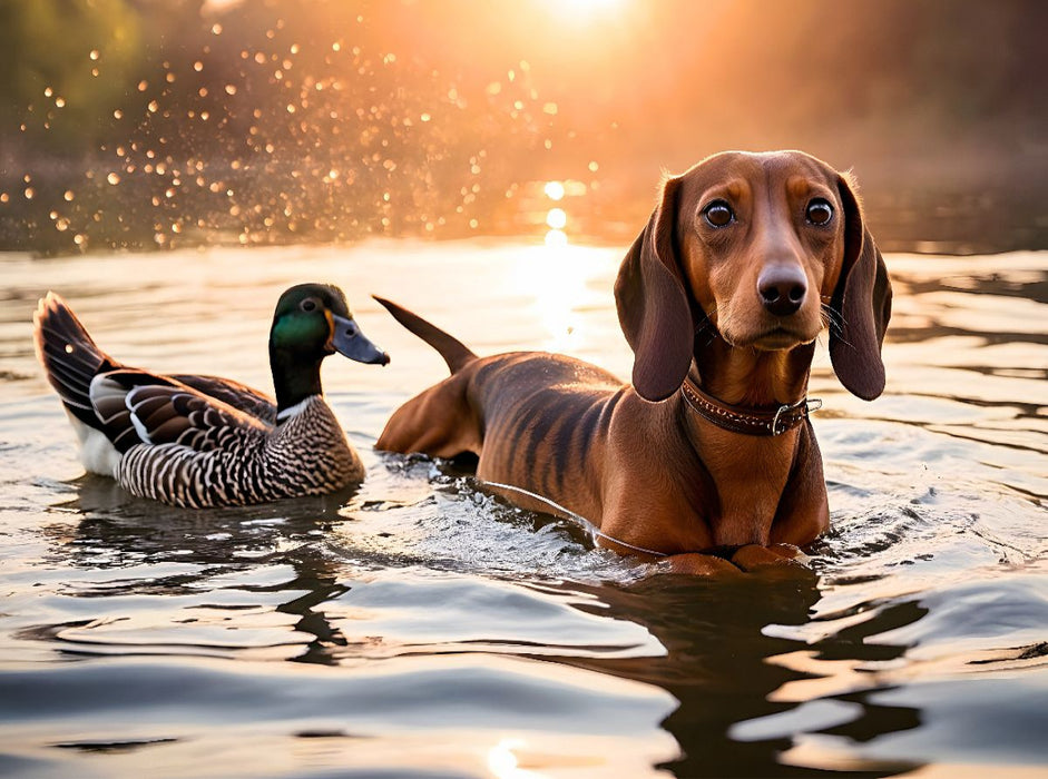 Dackel und Ente schwimmen im Wasser - CALVENDO Foto-Puzzle'