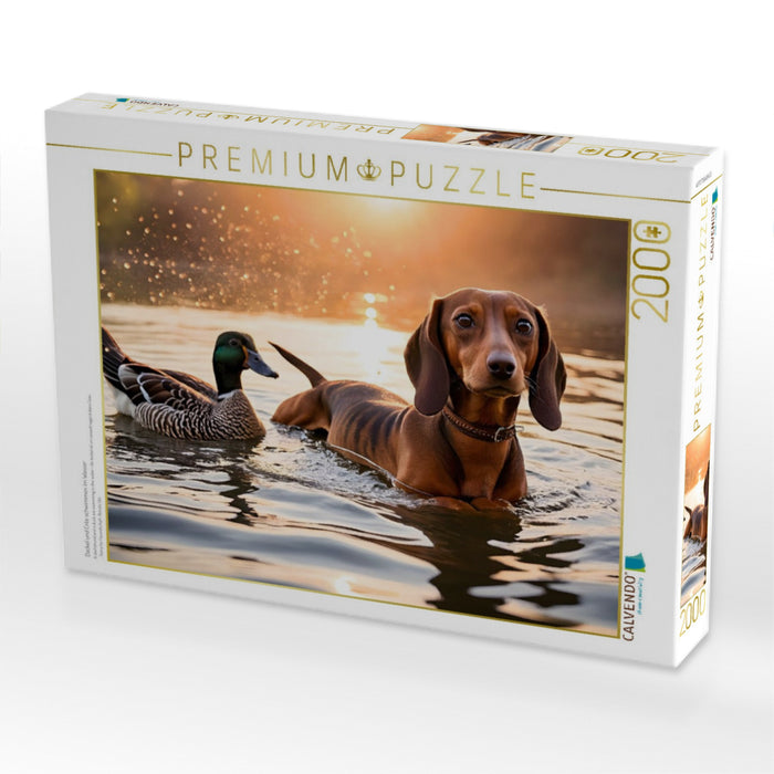 Dackel und Ente schwimmen im Wasser - CALVENDO Foto-Puzzle'