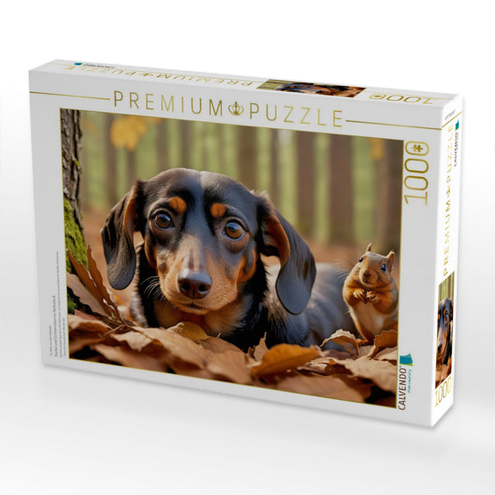 Dackel und Eichhörnchen im Herbstlaub - CALVENDO Foto-Puzzle'