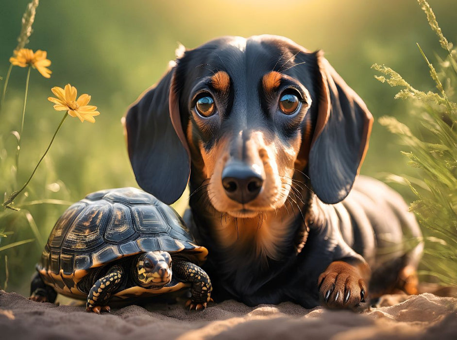 Dackel und Schildkröte genießen den warmen Tag - CALVENDO Foto-Puzzle'