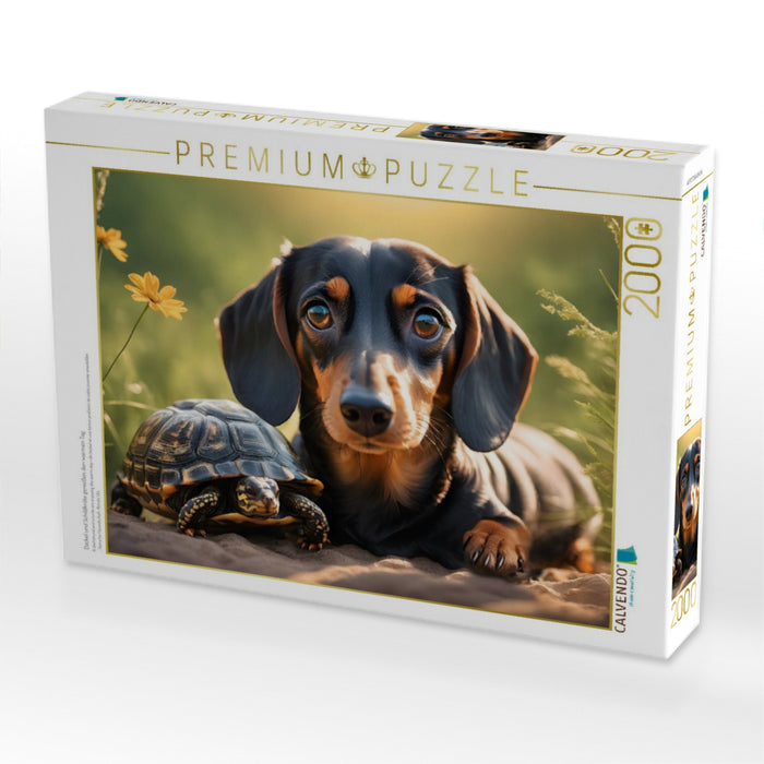 Dackel und Schildkröte genießen den warmen Tag - CALVENDO Foto-Puzzle'