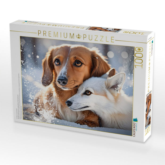 Dackel und Fuchs im winterlichen Schneetraum - CALVENDO Foto-Puzzle'