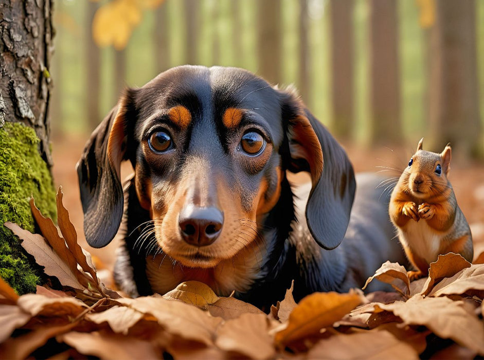 Dackel und Eichhörnchen im Herbstlaub - CALVENDO Foto-Puzzle'