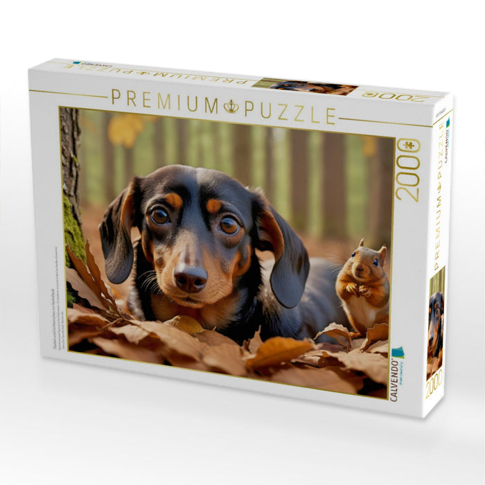Dackel und Eichhörnchen im Herbstlaub - CALVENDO Foto-Puzzle'