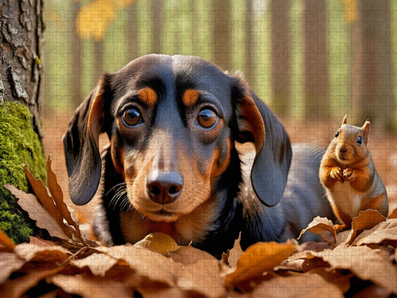 Dackel und Eichhörnchen im Herbstlaub - CALVENDO Foto-Puzzle'