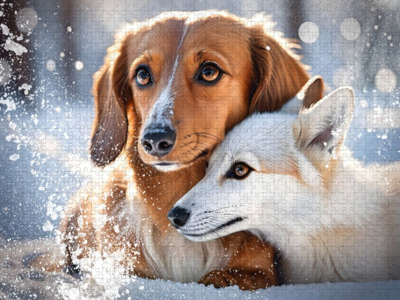 Dackel und Fuchs im winterlichen Schneetraum - CALVENDO Foto-Puzzle'