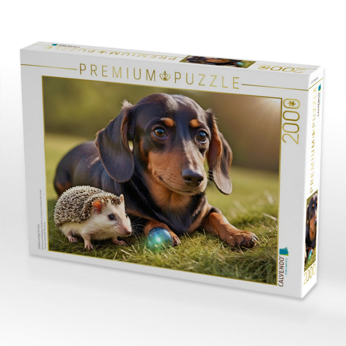 Dackel und Igel im Gras - CALVENDO Foto-Puzzle'