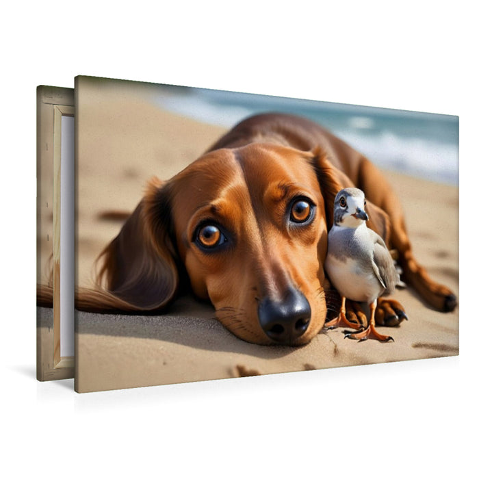 Premium Textil-Leinwand Dackel und zutrauliche Möwe am Sandstrand