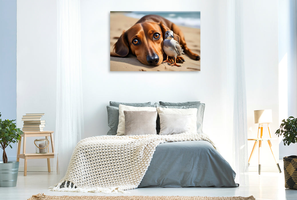 Premium Textil-Leinwand Dackel und zutrauliche Möwe am Sandstrand