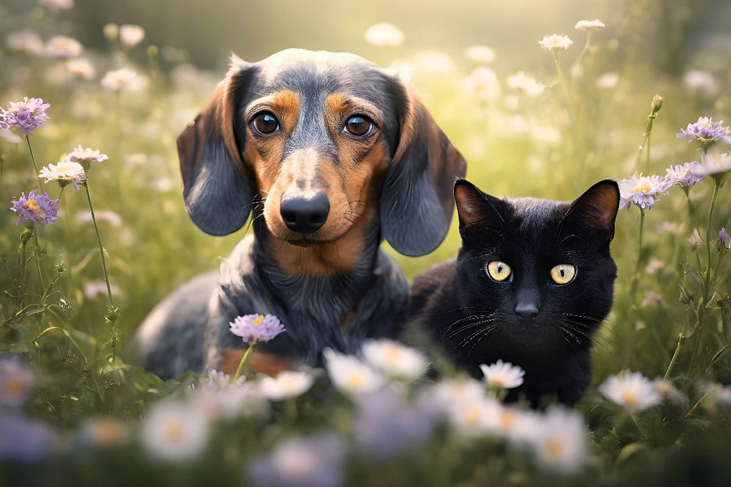 Premium Textil-Leinwand Dackel und eine schwarze Katze faulenzen auf einer Blumenwiese
