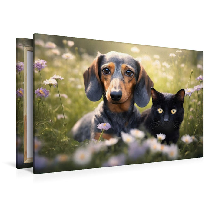 Premium Textil-Leinwand Dackel und eine schwarze Katze faulenzen auf einer Blumenwiese