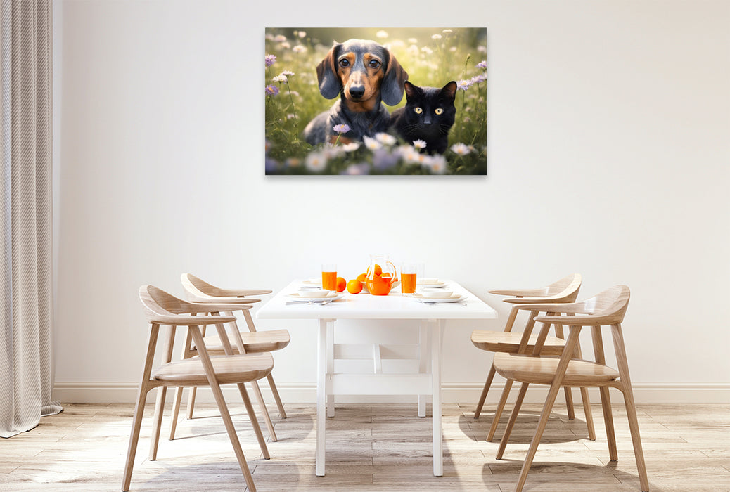 Premium Textil-Leinwand Dackel und eine schwarze Katze faulenzen auf einer Blumenwiese