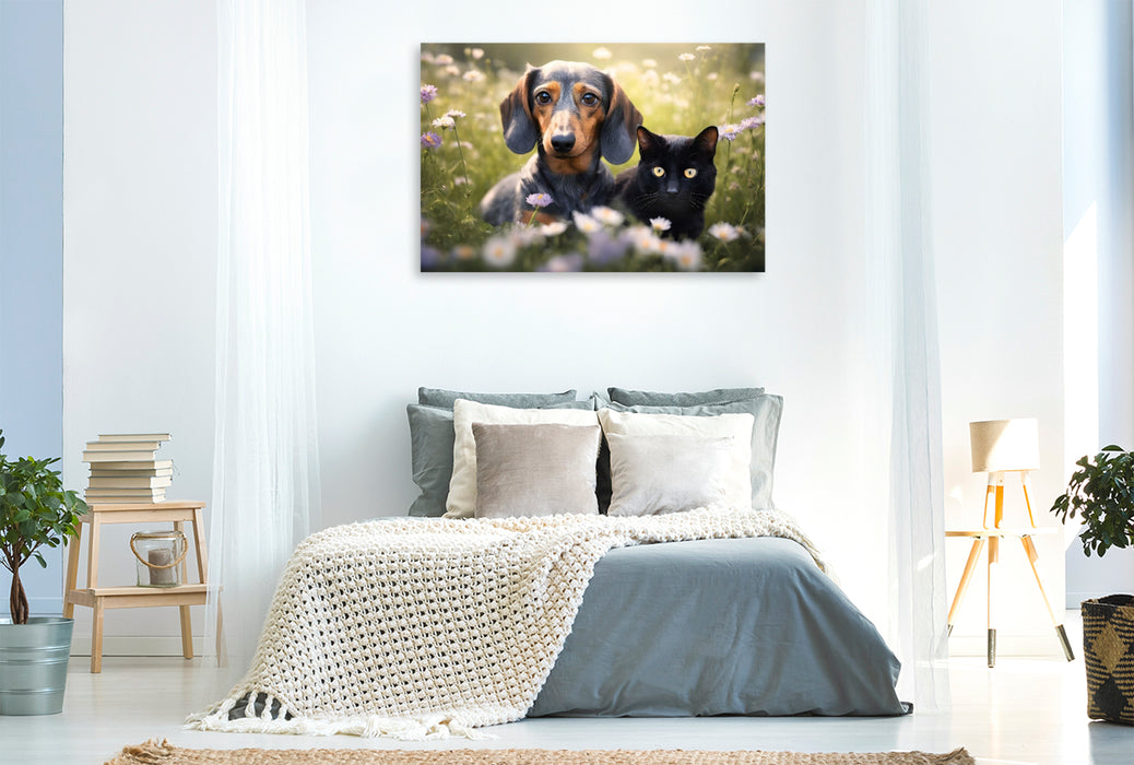 Premium Textil-Leinwand Dackel und eine schwarze Katze faulenzen auf einer Blumenwiese