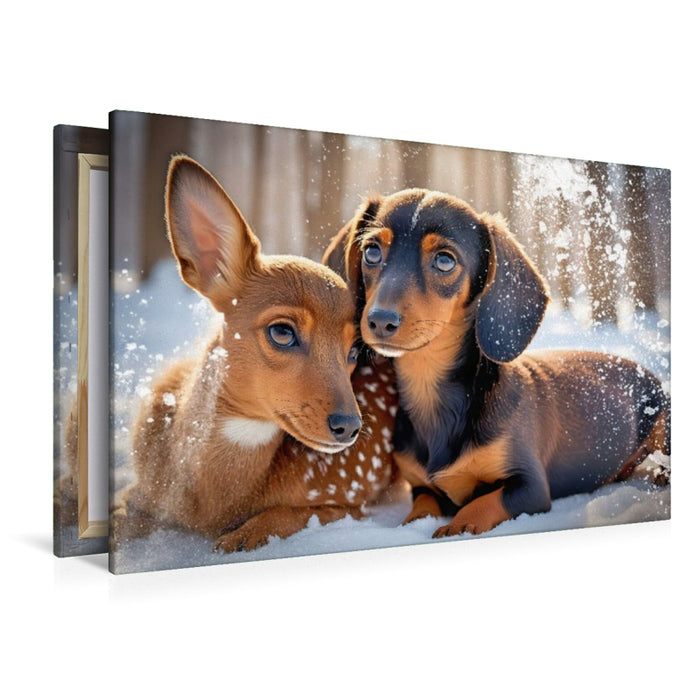 Premium Textil-Leinwand Dackel und Rehkitz kuscheln im verschneiten Winterwald