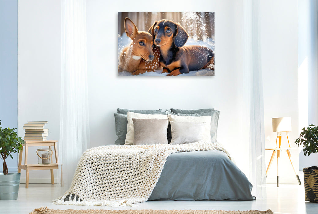 Premium Textil-Leinwand Dackel und Rehkitz kuscheln im verschneiten Winterwald