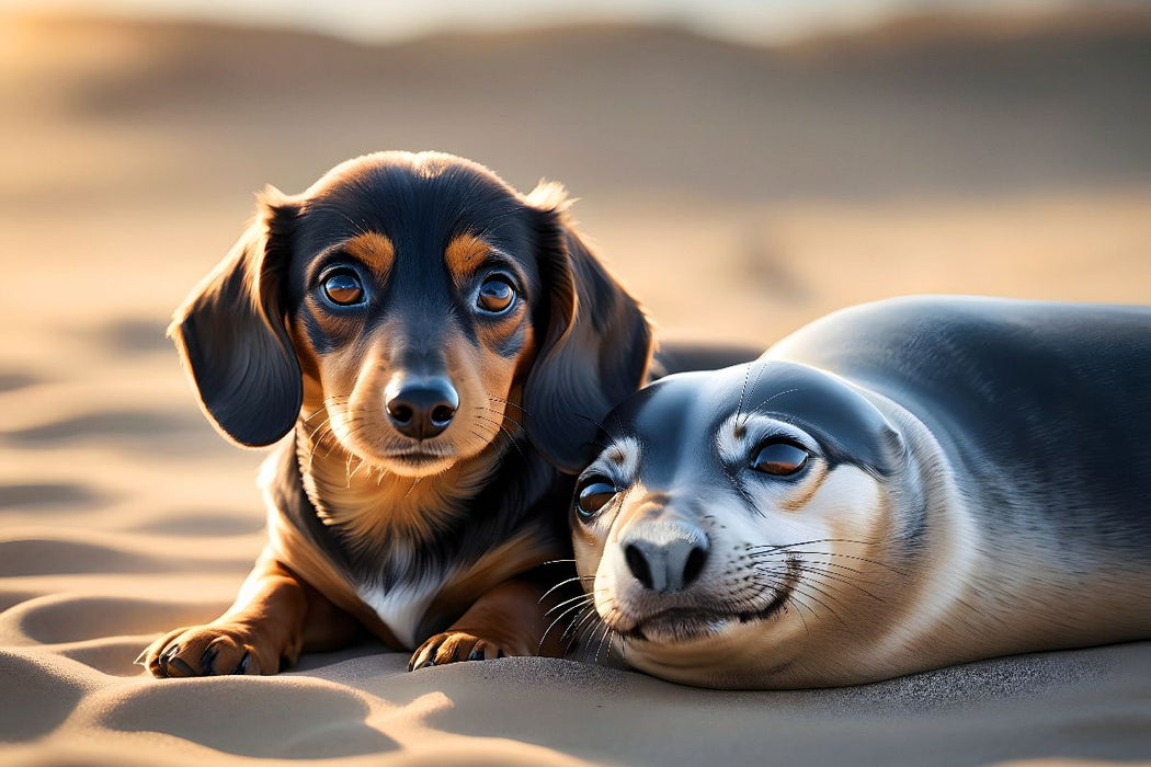 Premium Textil-Leinwand Dackelwelpe kuschelt mit kleinem Seehund am Strand