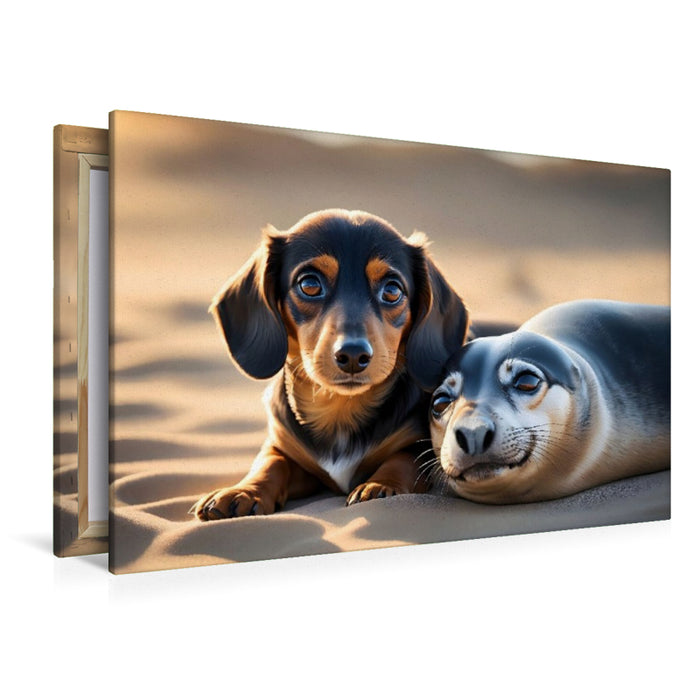 Premium Textil-Leinwand Dackelwelpe kuschelt mit kleinem Seehund am Strand