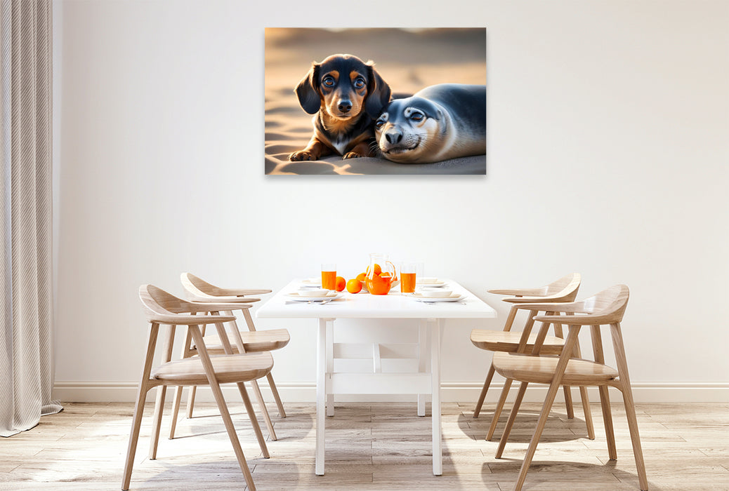 Premium Textil-Leinwand Dackelwelpe kuschelt mit kleinem Seehund am Strand